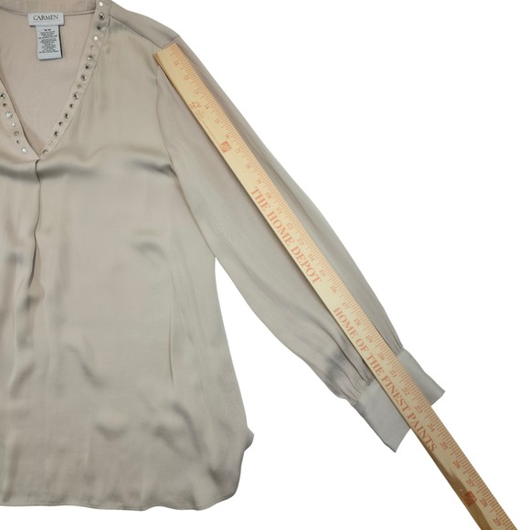 Carmen Marc Valvo V Neck Embellished Long Sleeve Blouse Top M M Beige Polyester - Picture 9 of 9